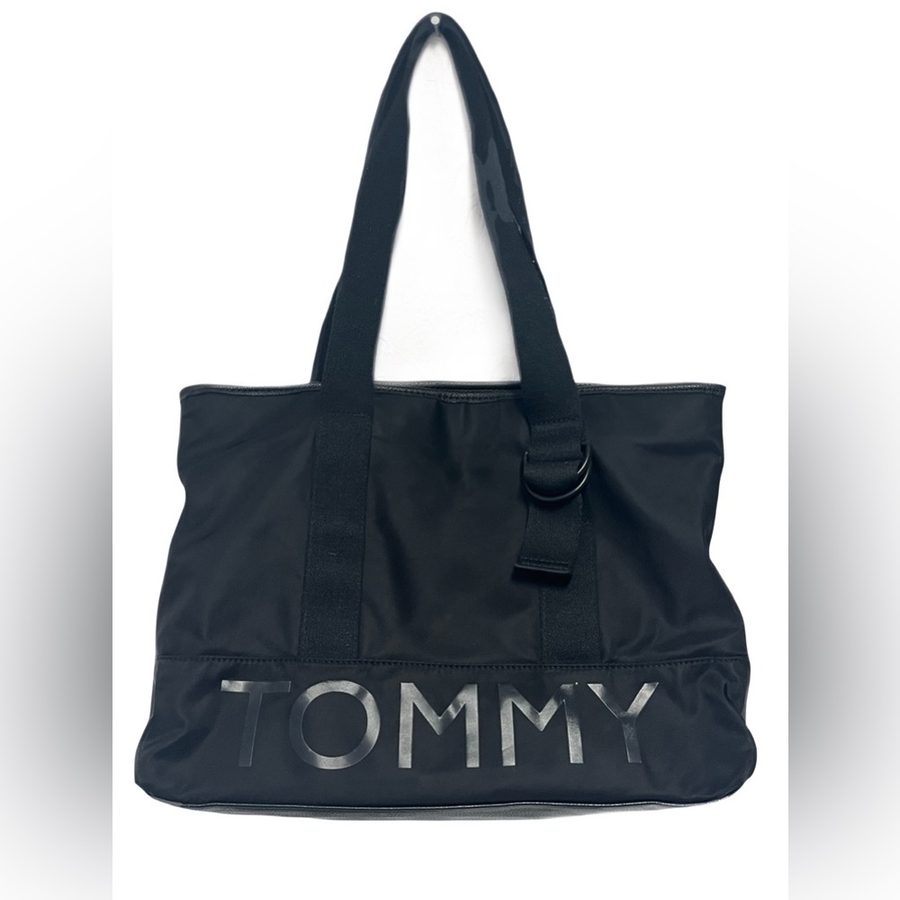 Tommy Hilfiger Black Satchel with Red Interior Accents Shiny Logo Messenger Bag